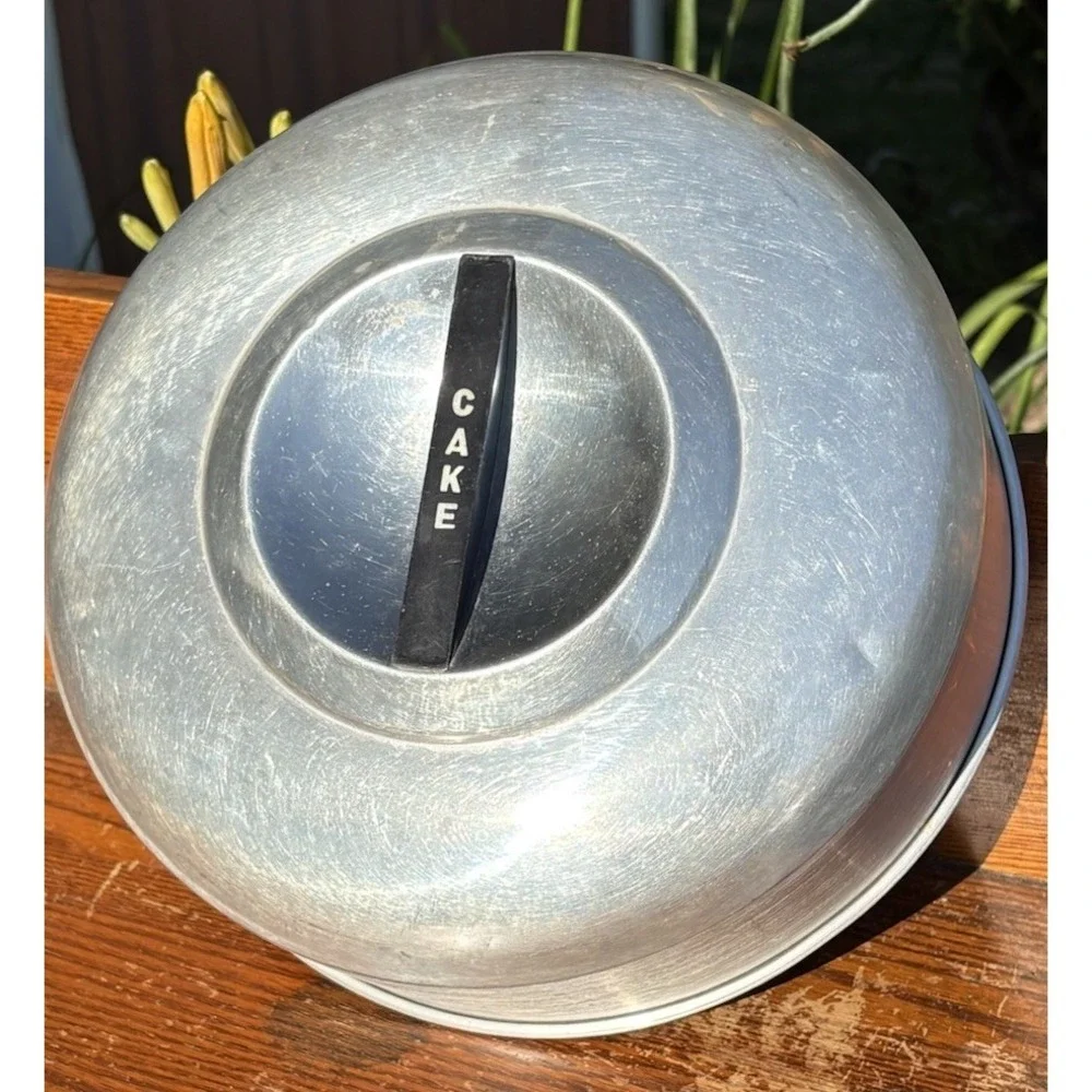 Vintage Cake Plate Cover Metal Aluminum With Word CAKE Handle 10 1/8